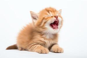 Adorable kitten yawning, small and fuzzy, caught in a cute moment, isolated on a white background, highresolution . photo