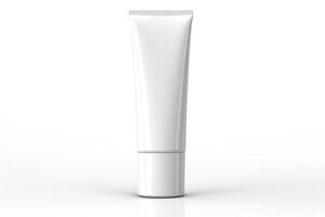 Generate a photorealistic image of a blank white squeeze tube. The tube should be about 5 inches tall and have a shiny finish. The background should be a soft grey. photo