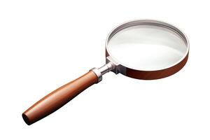A magnifying glass with a brown handle. The glass is round and has a silver frame. The magnifying glass is isolated on a white background. photo
