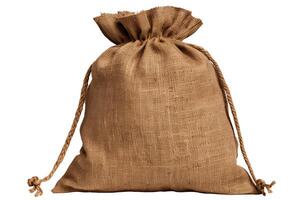 A burlap sack is a strong, durable bag made from jute or hemp fibers. It is often used for storing or transporting goods. photo