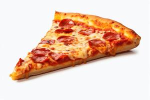 A slice of pizza with pepperoni, mozzarella cheese, and a crispy crust. Isolated on a white background. photo