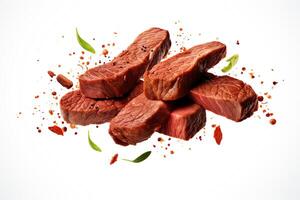 Levitating steak cut into pieces, each separated as a single object in DiCut style, displayed on a white background with all watermarks, logos, letters, and shadows removed photo