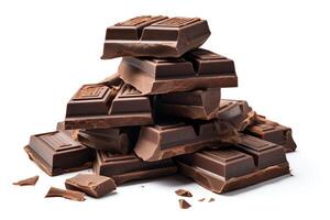 A pile of dark chocolate bars on a white background. The chocolate bars are stacked in a haphazard way, with some of the bars broken into pieces. photo