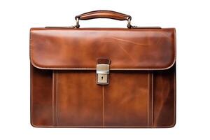 A brown leather briefcase is sitting on a white background. The briefcase is closed and has a handle on top. photo