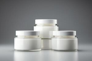 3D rendering of a trio of cosmetic jars with white cream on a reflective surface. The jars are arranged in a triangular formation. The background is a soft grey. photo