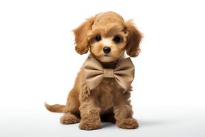 A cute puppy wearing a bow tie is sitting on a white background. The puppy is looking at the camera with its head tilted to one side. photo