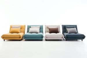 Sofa beds in multiple styles, each isolated on a clean white background, perfect for small apartments and multifunctional room setups photo