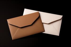 Two envelopes, one brown and one white, are sitting on a black surface. The brown envelope is on the left and the white envelope is on the right. The envelopes are both closed. photo