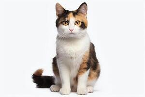 Charming calico cat, sitting upright, tail curled around feet, isolated on a white background, highquality image. photo