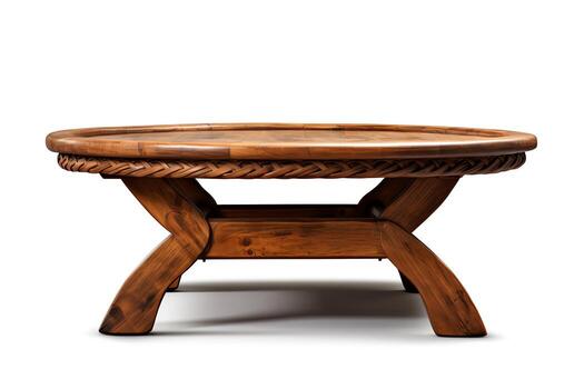 generar un 3d modelo de un rústico de madera café mesa con un redondo parte superior y un tejido mimbre estante debajo foto
