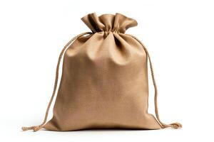 A brown drawstring bag made of burlap cloth. The bag is empty and has a capacity of 1 liter. photo