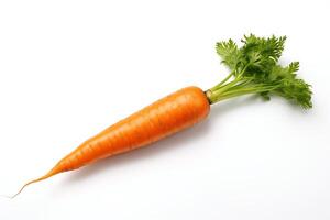 un soltero Zanahoria en un blanco antecedentes. el Zanahoria es naranja y tiene verde hojas. eso es acerca de 7 7 pulgadas largo y 1 pulgada en diámetro. foto
