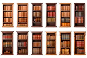 Selection of bookcases, each image perfectly isolated on white, ideal for home offices and living room designs in promotional materials photo