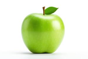 Generate a photo of a green apple on a white background. The apple should be in focus and have a high resolution.