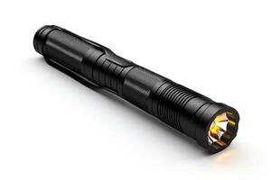 Professional 3D rendering of a black metal flashlight with a bright yellow beam of light photo