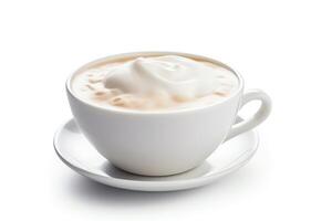 Generate an image of a white ceramic cup of coffee on a white background. The coffee is topped with a thick layer of frothed milk. photo