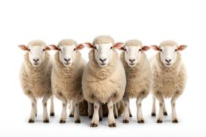 Five sheep standing in a row against a white background. The sheep are all looking at the camera. photo