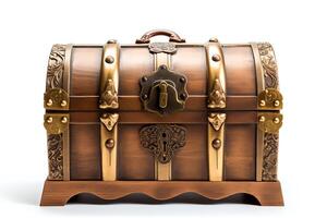 An ancient wooden treasure chest bound with ornate golden locks and hinges. The chest is carved with intricate designs and has a mysterious aura about it. photo