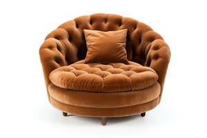 Generate a photo of a burnt orange round tufted chair with a matching pillow on a white background