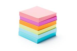 Stack of colorful sticky notes, fanned out to display colors, perfectly isolated on a white background, in for clear visuals. photo
