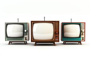 Three vintage televisions from the 1950s with rabbit ears on a white background. photo