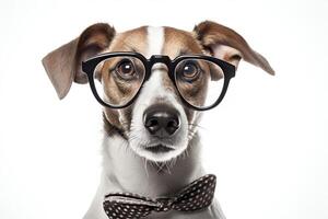 A closeup portrait of a serious dog wearing horn-rimmed glasses and a polka dot bow tie. The dog is looking directly at the camera with a slightly puzzled expression. photo
