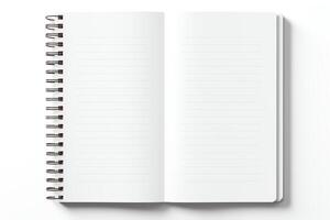 Spiral notebook open to blank pages, crisp and clean presentation, isolated on a white background, highquality file. photo