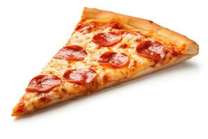 A slice of pizza with pepperoni, mozzarella cheese, and tomato sauce. The pizza is isolated on a white background. photo