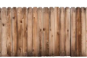 A rustic wooden fence with a weathered appearance. The fence is made of vertical planks with pointed tops, and there are gaps between the planks. photo