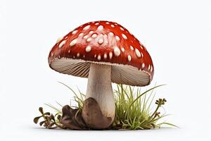 Photo of a single red mushroom with white spots on its cap. The mushroom is growing in a grassy field. The mushroom is in focus and the background is blurred.