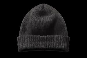 Woolen beanie cap, dark grey, textured knit, top view, perfectly isolated on a white background, available in format. photo