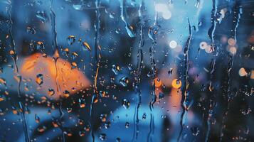 Raindrops falling down a window pane, with the blurred lights of a city in the background. photo