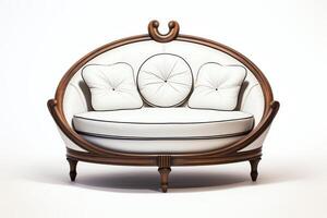 An elegant curved white leather sofa with a dark wood frame photo