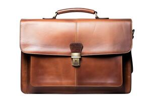 A brown leather briefcase with a handle and a lock. It is isolated on a white background. photo