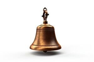 Create a 3D rendering of a bronze bell with a shiny surface. The bell should be hanging from a chain and have a realistic appearance. photo