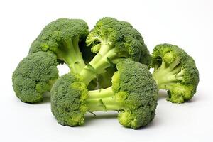 A close-up image of a bunch of broccoli on a white background. The broccoli is green and fresh-looking. photo