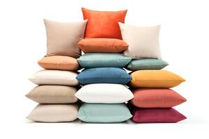 A variety of colorful throw pillows stacked together on a white background. The pillows are made from different materials and have different patterns and colors. photo