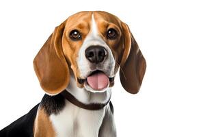 A photo of a beagle with a white background. The beagle is looking at the camera with its tongue out. It is wearing a brown collar.
