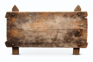 Create a western-style wooden sign. The sign should have a light brown color. There should be 4 nails in each corner of the sign. The wood should look old and weathered. photo