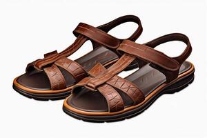 A pair of brown leather sandals with a unique and stylish design. The sandals are made from high-quality materials and are sure to be a hit with anyone who sees them. photo