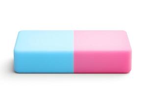 A blue and pink rectangular eraser isolated on a white background. The eraser is new and unused. photo