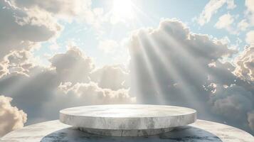 Empty round podium with sun shining through clouds, ideal for product display or mockups. photo