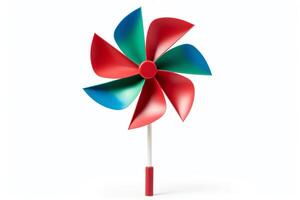 Create a 3D rendering of a red, blue, and green windmill photo