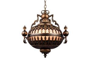 Design an ornate chandelier with a mix of victorian and gothic styles. The primary material should be bronze with hints of gold. Include intricate details and patterns. photo