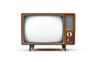 Create a photorealistic render of a vintage television with a blank screen. The television should be made of wood and have a retro design. photo