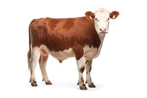 This is a photo of a brown and white cow. The cow is standing on a white background and looking at the camera. The cow is a breed and is used for dairy farming.