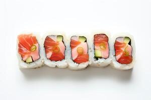 A close-up image of a sushi roll with salmon, cucumber, and rice. The roll is cut into five pieces and arranged in a row. The background is white. photo