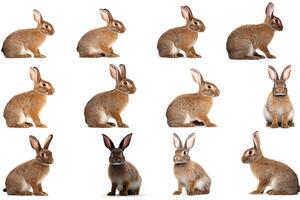 A grid of ten different rabbits, all the same breed and color, sitting in various poses against a white background. photo