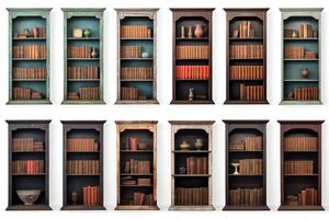 Selection of bookcases, each image perfectly isolated on white, ideal for home offices and living room designs in promotional materials photo
