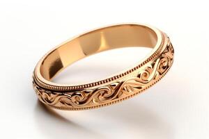 Design a wedding band with a Celtic inspired pattern, it should be made of yellow gold and have a width of 4mm. The pattern should be engraved on the outer surface of the ring. photo